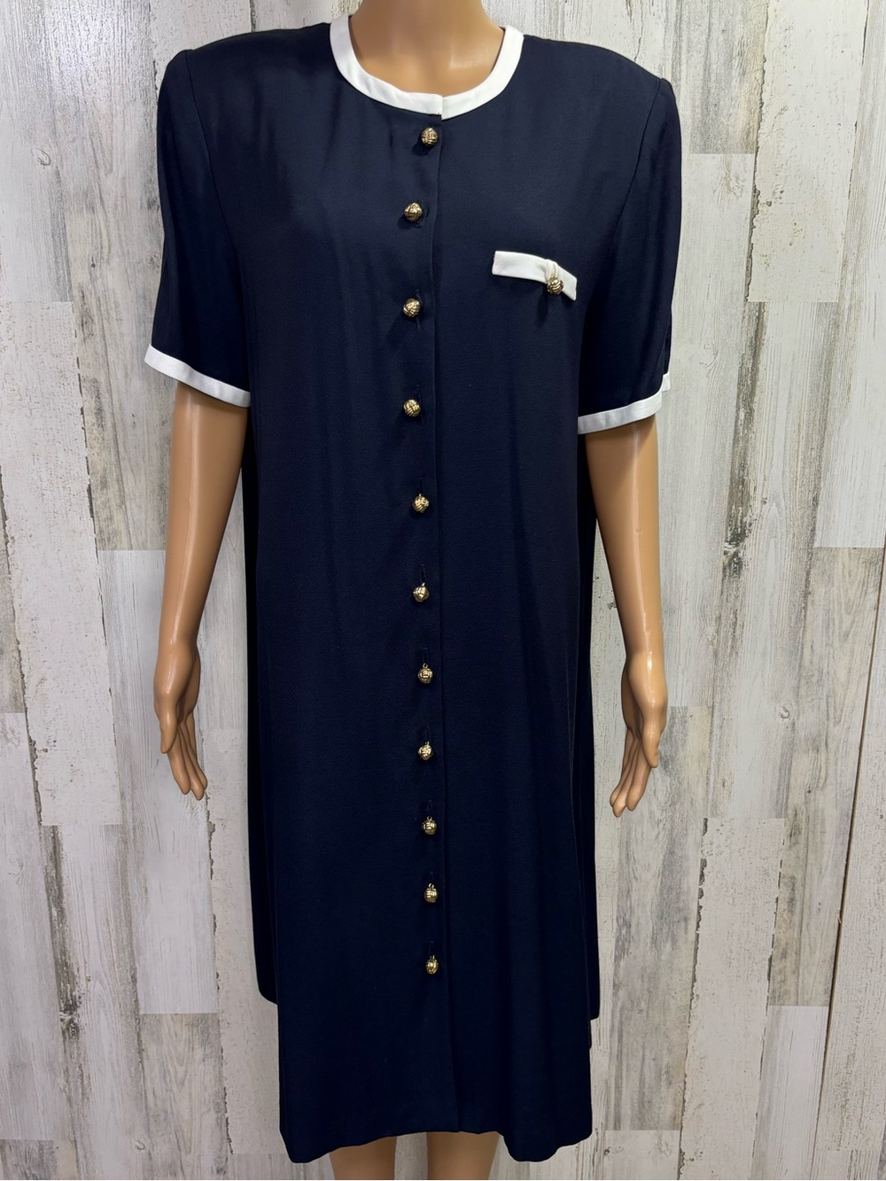 Virgo II Vintage 80’s Navy Shirtwaist Button-Front‎ Dress with White Trim